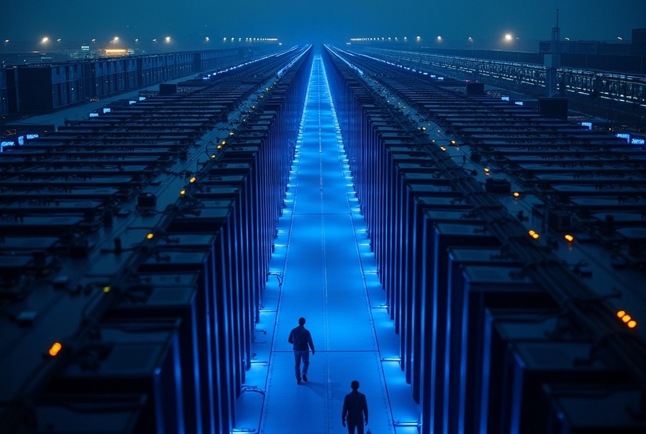 Aerial view of a multi-building carrier-neutral colocation campus, nine identical halls in ordered rows