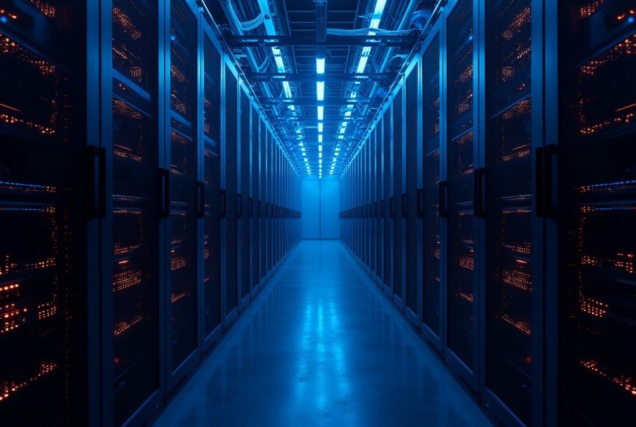 Overhead view down a row of dense GPU cluster racks, liquid-cooling hoses and cable trays forming repeating geometry