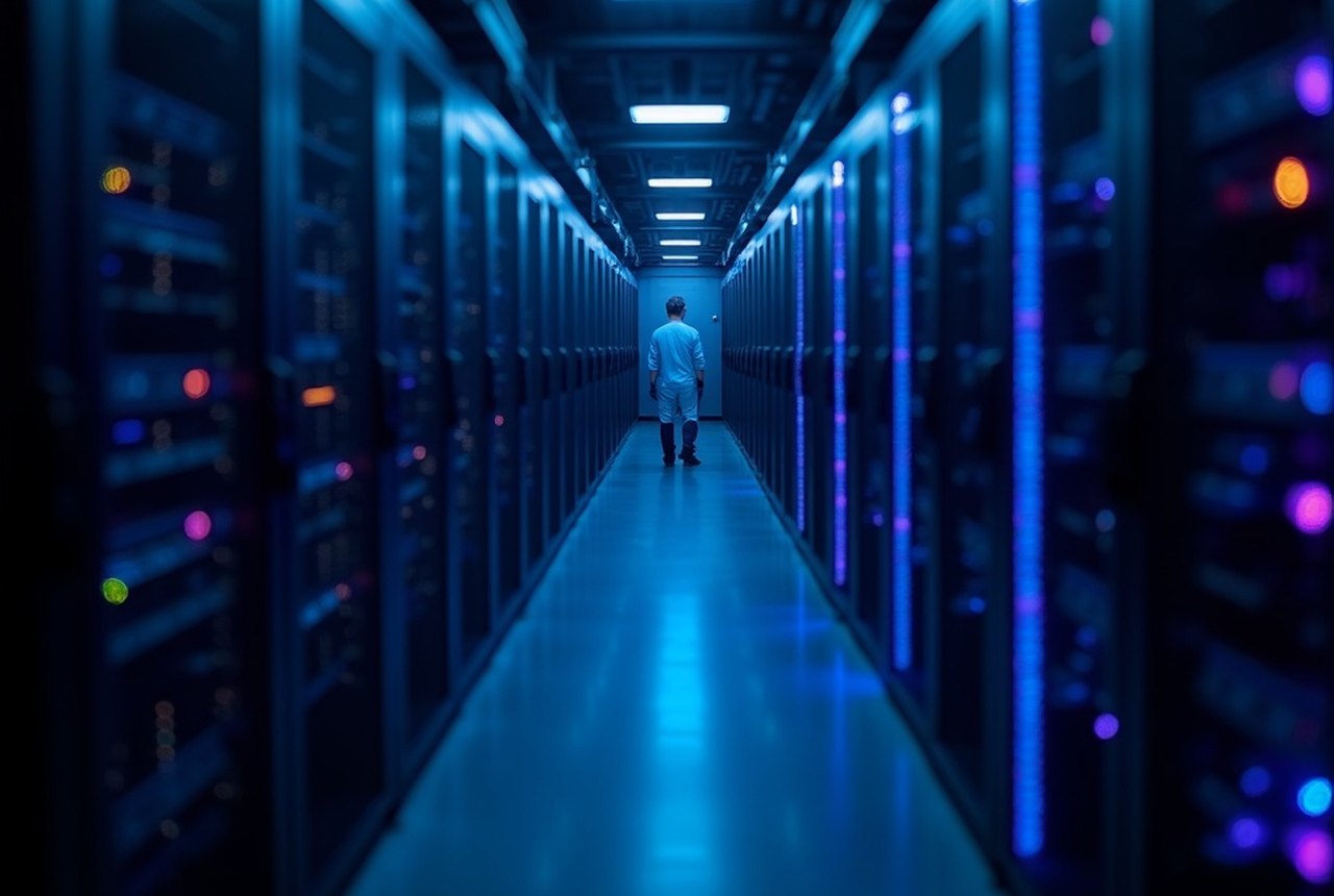 Macro photograph of a modern AI accelerator package — die and HBM stacks visible, iridescent under lab lighting