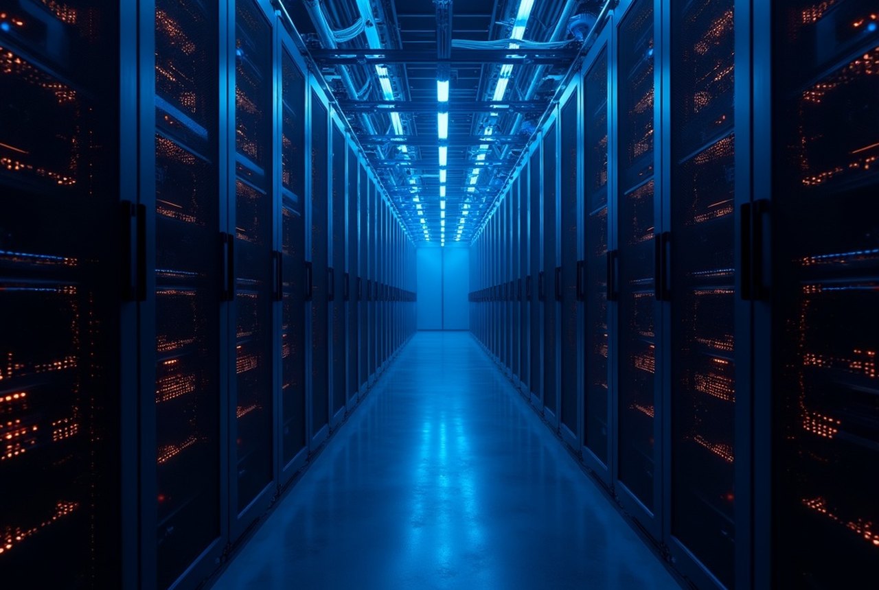 Overhead view down a row of dense GPU cluster racks, liquid-cooling hoses and cable trays forming repeating geometry
