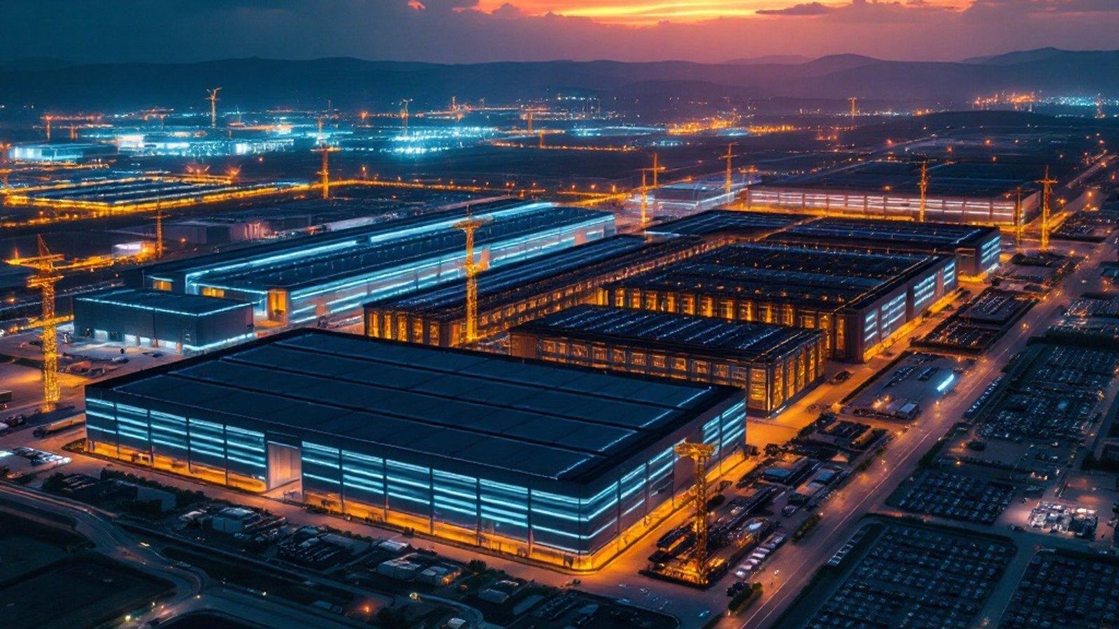 Aerial view of a vast data-center campus under construction at dusk — rectangular halls, crane silhouettes, substation yard in the foreground