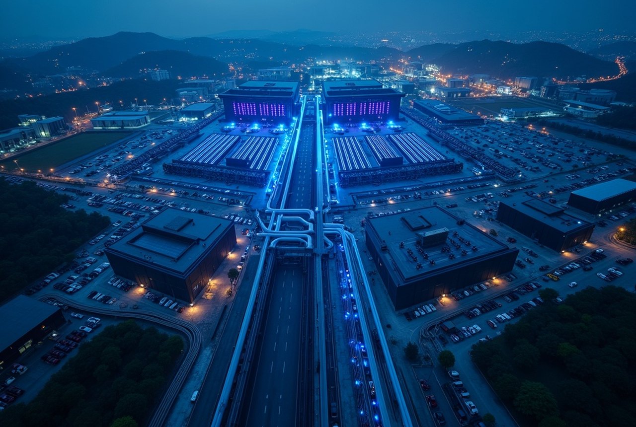 Aerial photograph of a hyperscale campus — multiple halls, cooling plant, substation and parking mapped out like a circuit board