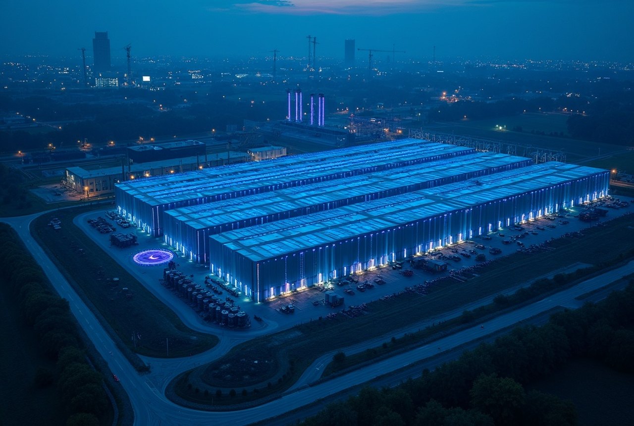 Aerial dusk view of a hyperscale data-center campus under construction — vast rectangular halls, substation yard, cooling plant, cranes, service roads