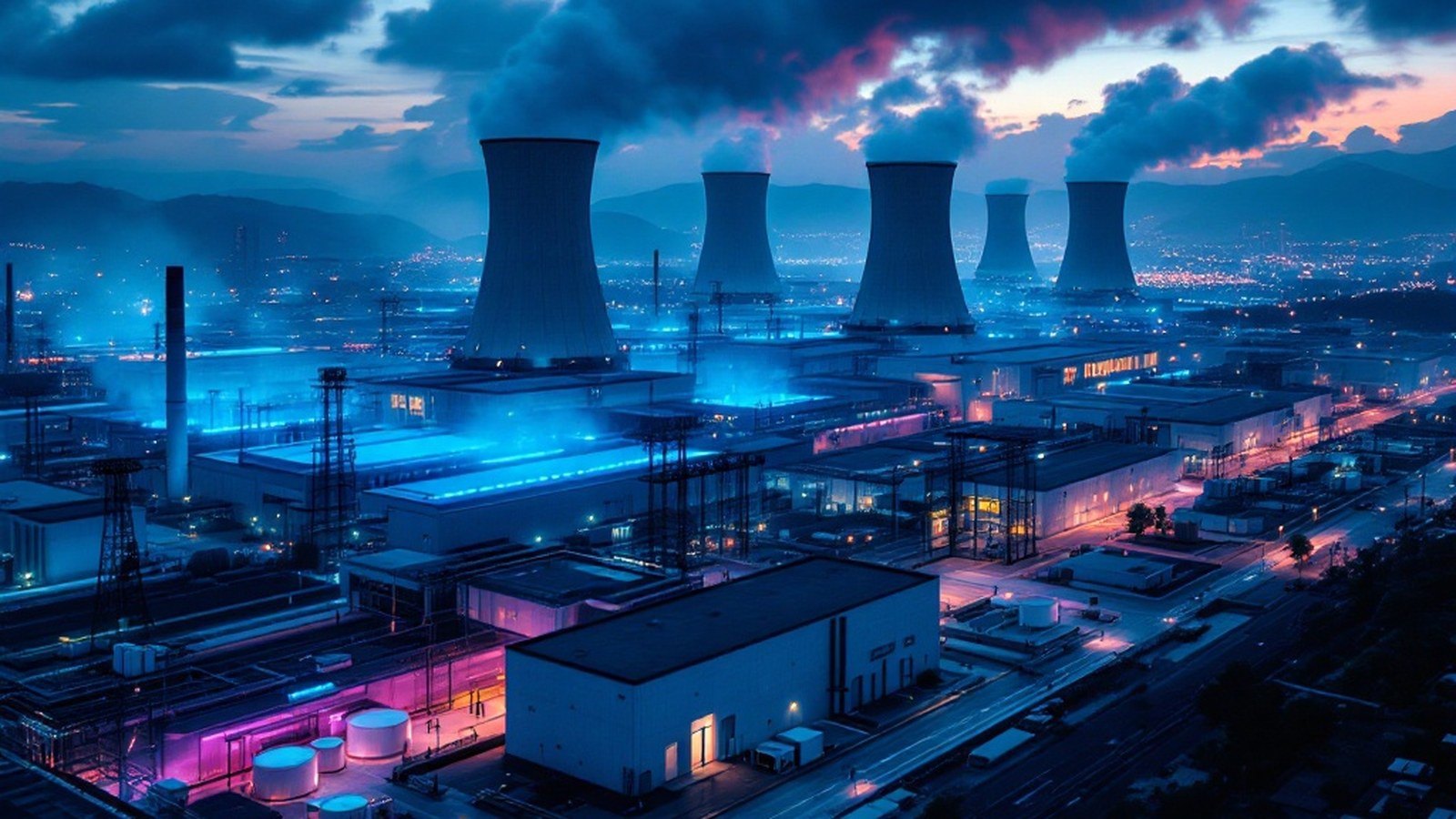 Exterior of an AI data-center campus at blue hour — cooling towers steaming, power infrastructure in the foreground, low concrete halls behind