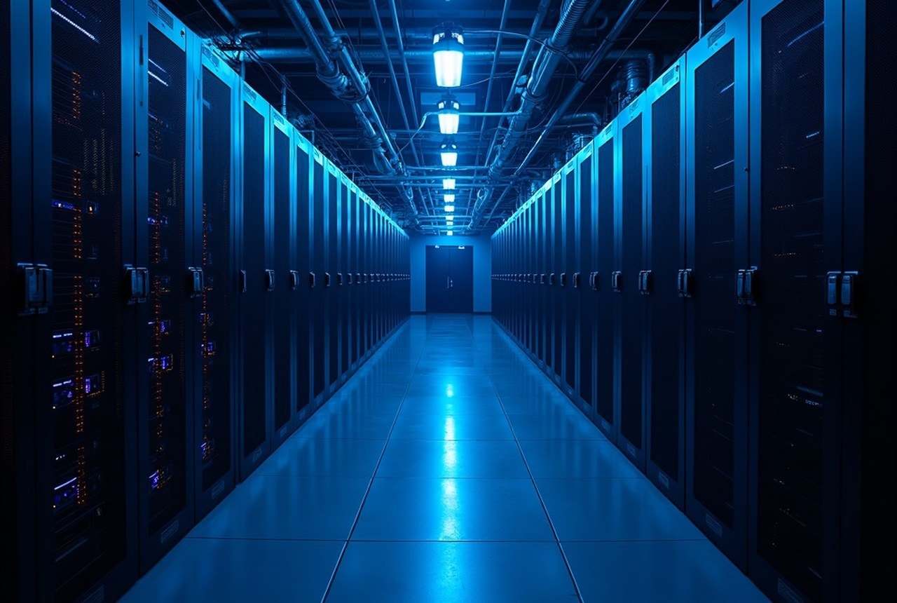 Redundant power distribution room — twin UPS strings and switchgear in mirrored symmetry