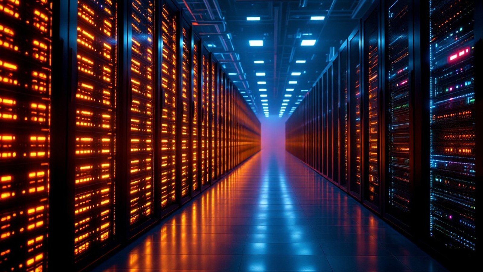 All-flash storage arrays in a rack row, drive-bay LEDs forming an unbroken amber grid