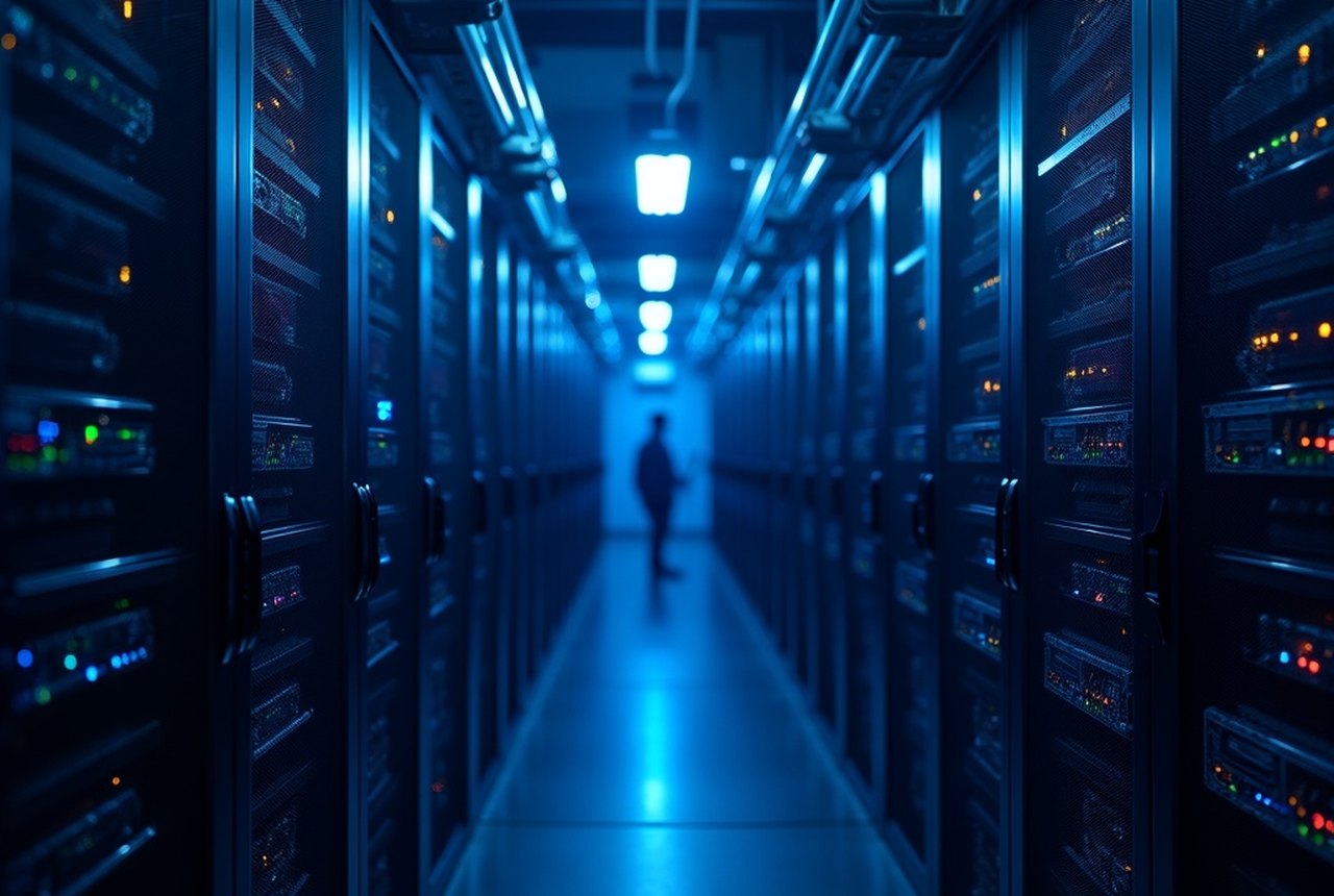 NVMe flash shelf partially extended from a storage rack, drive carriers catching the light