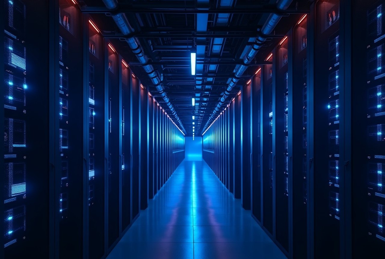 Data-center corridor with server racks behind a mesh security cage, emergency lighting on