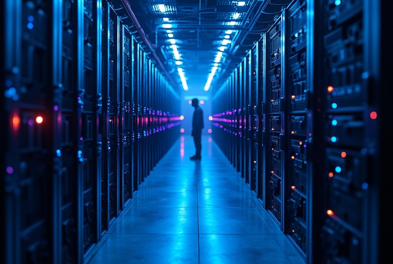 Dense optical cabling looms between spine switches in an AI fabric, thousands of fibres dressed into vertical bundles